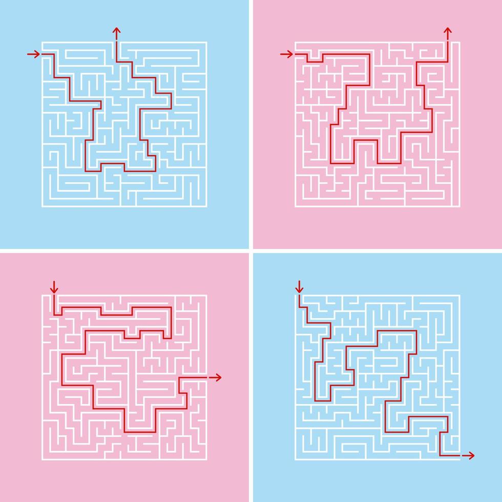 A set of square labyrinths. A game for children and adults. Simple flat vector illustration. With the answer.