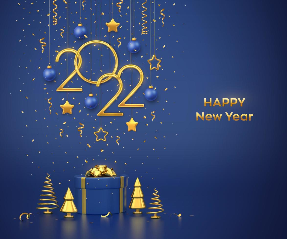 Happy New 2022 Year. Hanging golden metallic numbers 2022 with stars, balls and confetti on blue background. Gift box and golden metallic pine or fir, cone shape spruce trees. Vector illustration.