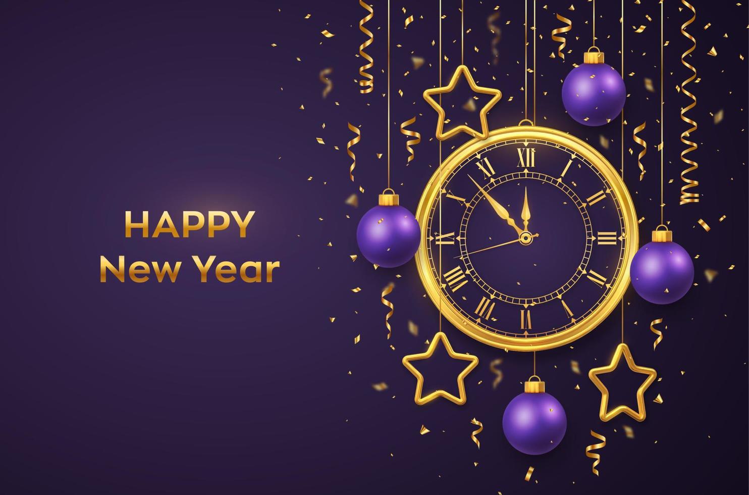 feliz año nuevo 2022. reloj dorado brillante con números romanos y cuenta regresiva de medianoche, víspera de año nuevo. fondo con brillantes estrellas doradas y bolas. Feliz Navidad. vacaciones de navidad. ilustración vectorial. vector