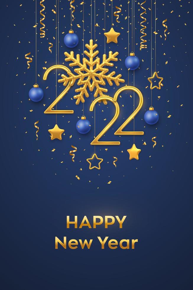 feliz año nuevo 2022. Colgando números metálicos dorados 2022 con copo de nieve brillante y confeti sobre fondo azul. tarjeta de felicitación de año nuevo o plantilla de banner. decoración navideña. ilustración vectorial. vector