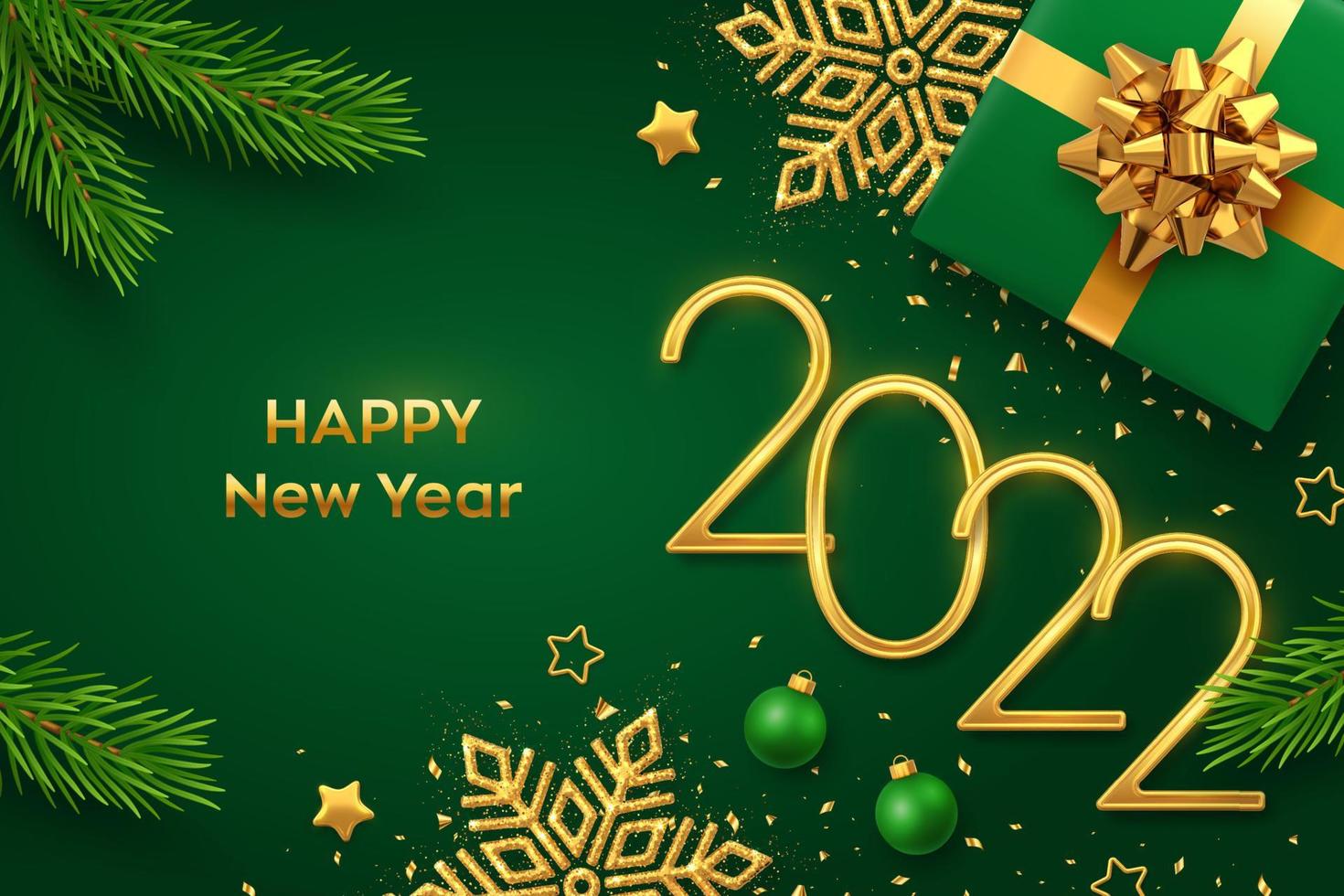 Happy New 2022 Year. Golden metallic numbers 2022 with gift box, shining snowflake, pine branches, stars, balls and confetti on green background. New Year greeting card or banner template. Vector. vector