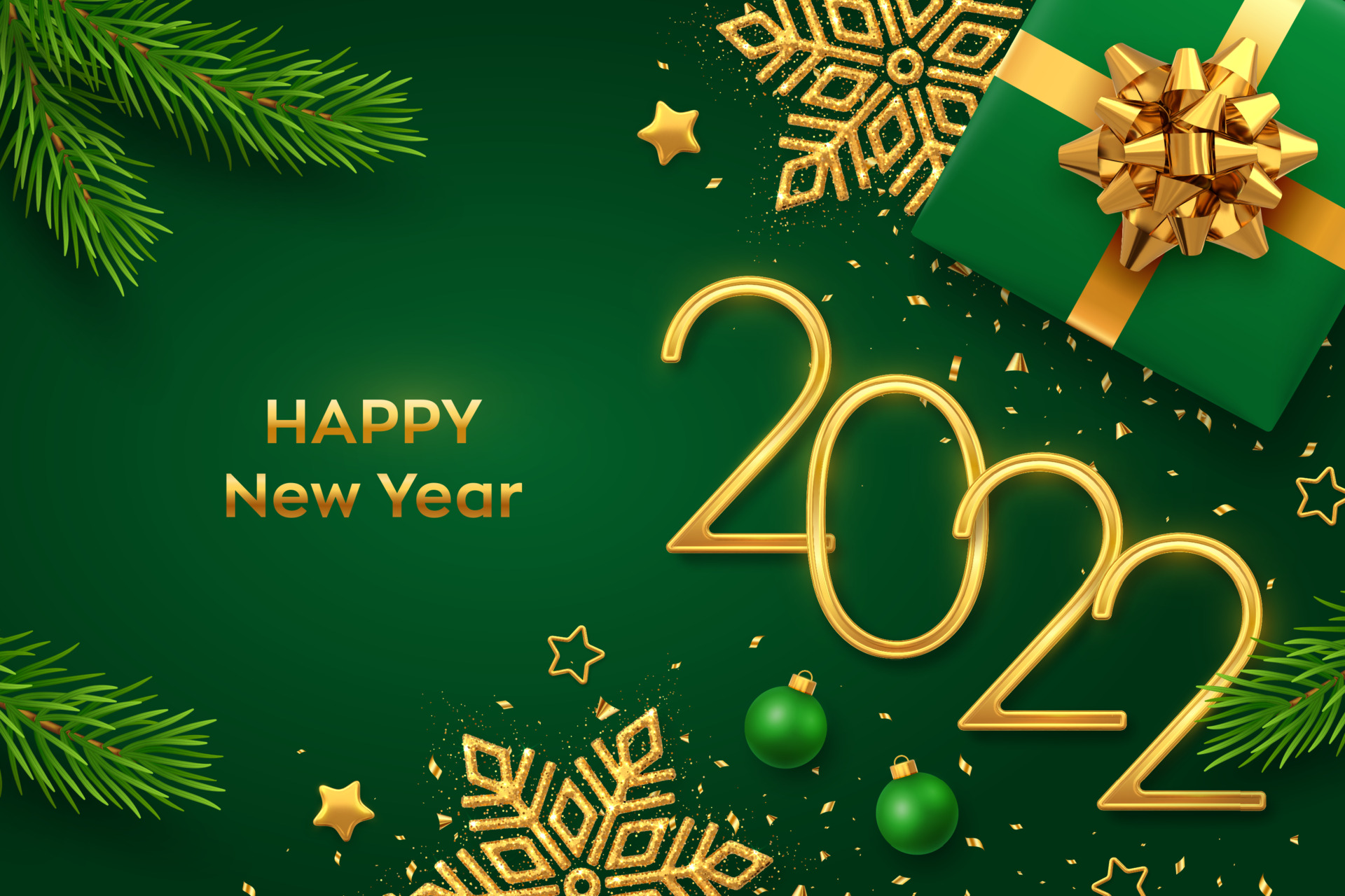 Happy New 2022 Year. Golden metallic numbers 2022 with gift box, shining  snowflake, pine branches, stars, balls and confetti on green background. New  Year greeting card or banner template. Vector. 3536961 Vector
