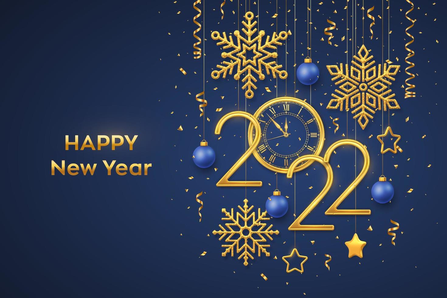 feliz año nuevo 2022. números de oro metálico 2022 y reloj con números romanos y cuenta regresiva de medianoche, víspera de año nuevo. colgando estrellas doradas, copos de nieve, bolas sobre fondo azul. ilustración vectorial. vector