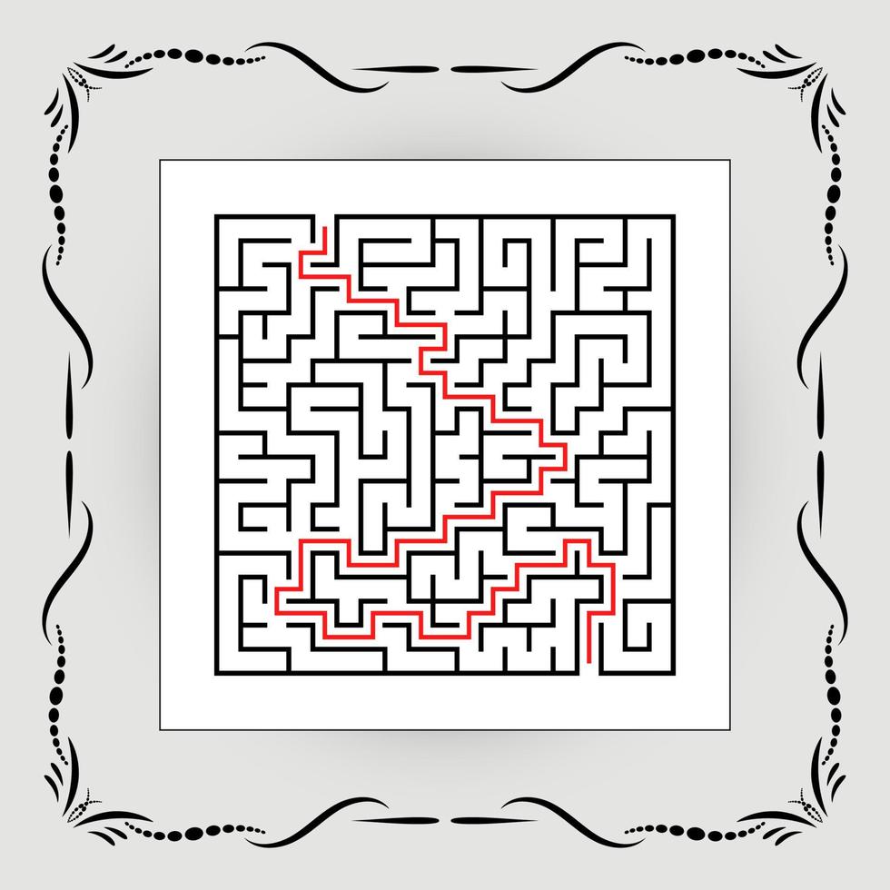 Abstract square maze in vintage frame. Game for kids. Puzzle for children. One entrances, one exit. Labyrinth conundrum. Flat vector illustration isolated on white background. With answer.