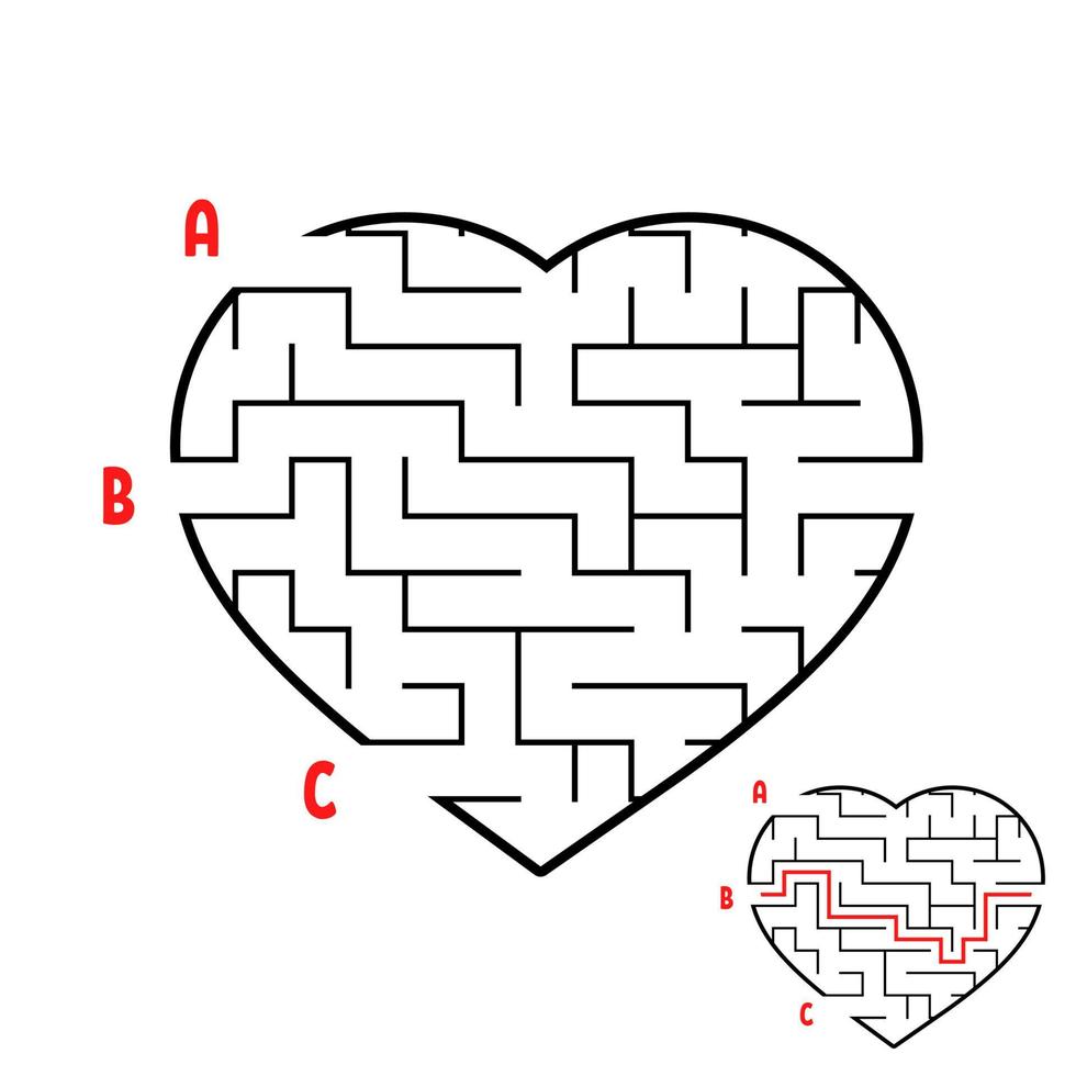 Labyrinth in the shape of a heart. Game for kids. Puzzle for children. Find the right way. Maze conundrum. Flat vector illustration isolated on white background.