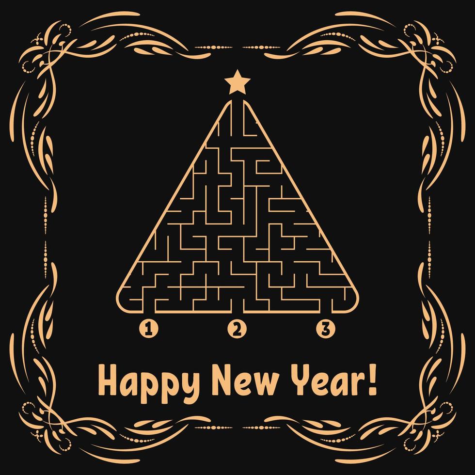 New Year greeting card with a triangular labyrinth. Find the right path to the star. Game for kids. Christmas tree. Maze conundrum. Vector illustration. With frame in vintage style.