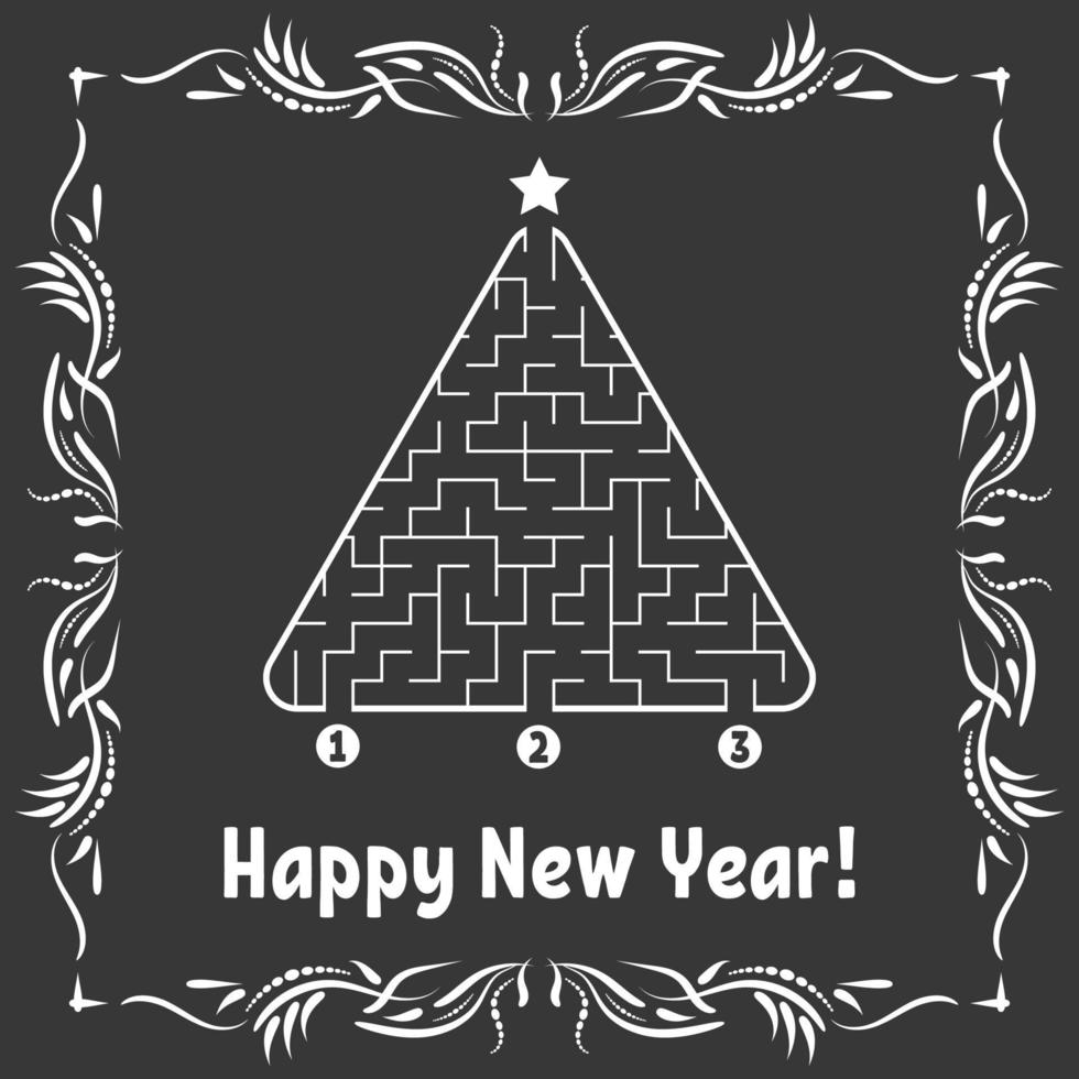 New Year greeting card with a triangular labyrinth. Find the right path to the star. Game for kids. Christmas tree. Maze conundrum. Vector illustration. With frame in vintage style.