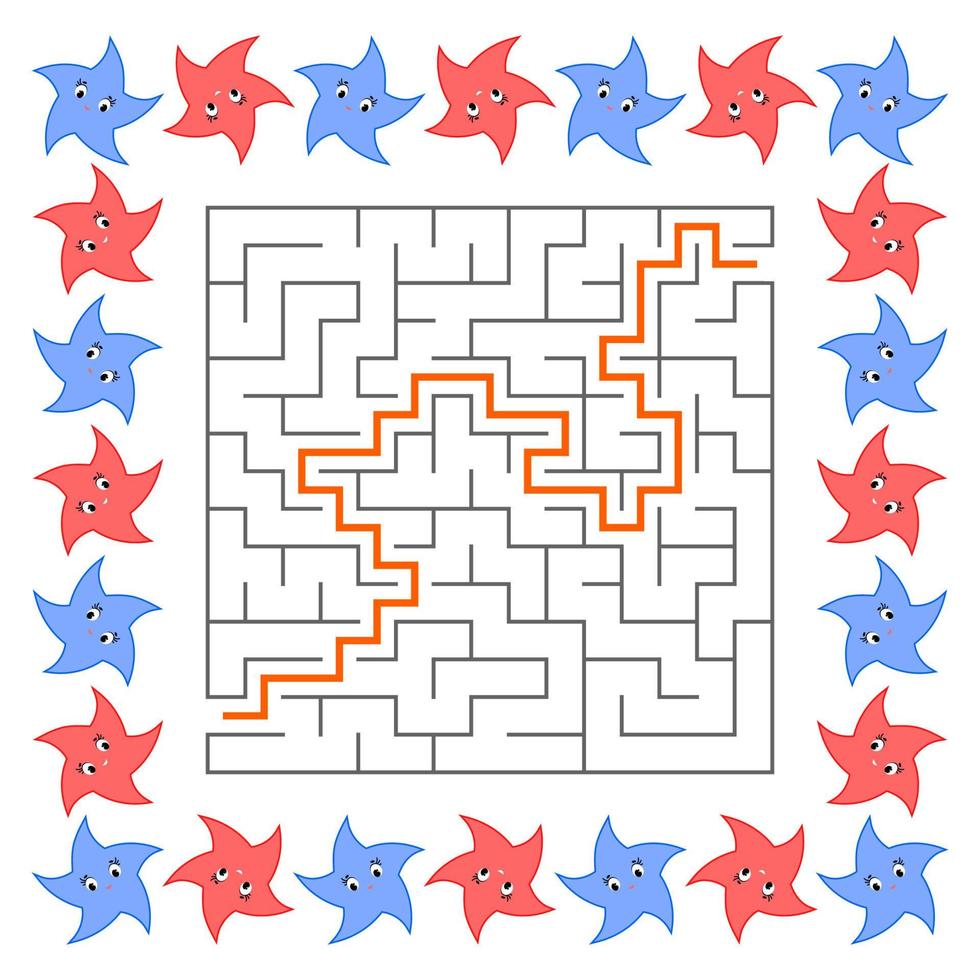 Abstract square maze. Game for kids. Puzzle for children. Cute cartoon star. Labyrinth conundrum. Vector illustration. With answer.