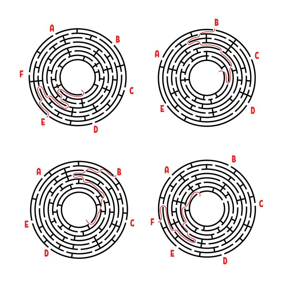 un conjunto de laberintos redondos. juego para niños. rompecabezas para niños. enigma del laberinto. Ilustración de vector plano aislado sobre fondo blanco. con respuesta.