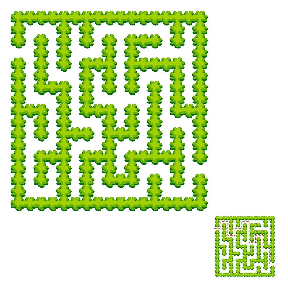 Abstract square labyrinth - green garden. Game for kids. Puzzle for children. One entrance, one exit. Labyrinth conundrum. Vector illustration. With answer.