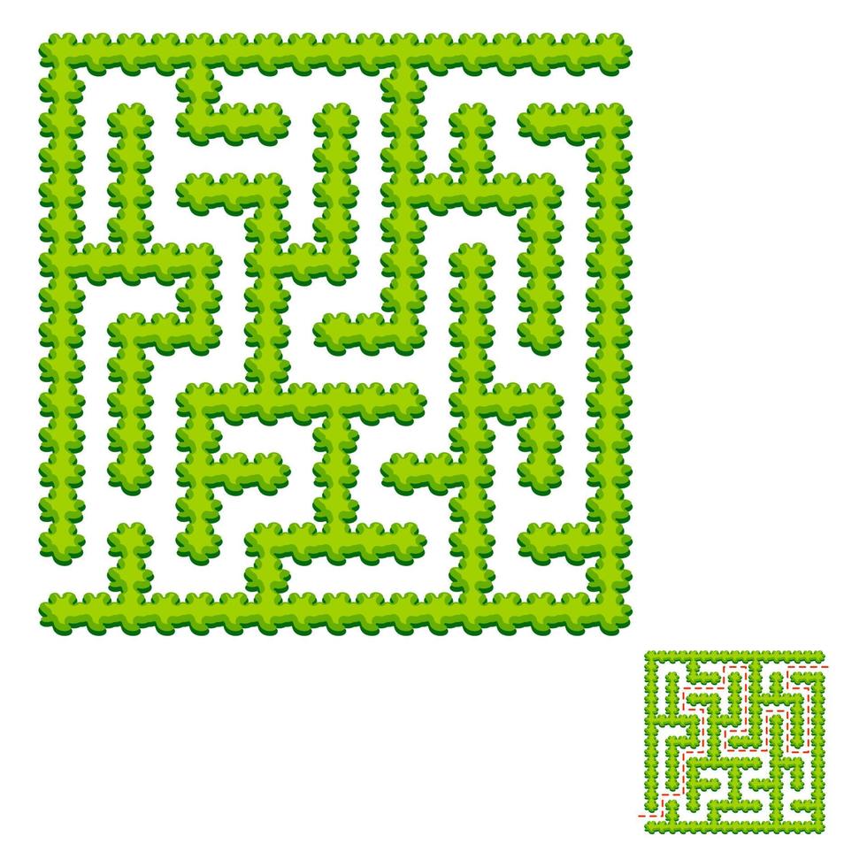 Abstract square labyrinth - green garden. Game for kids. Puzzle for children. One entrance, one exit. Labyrinth conundrum. Vector illustration. With answer.