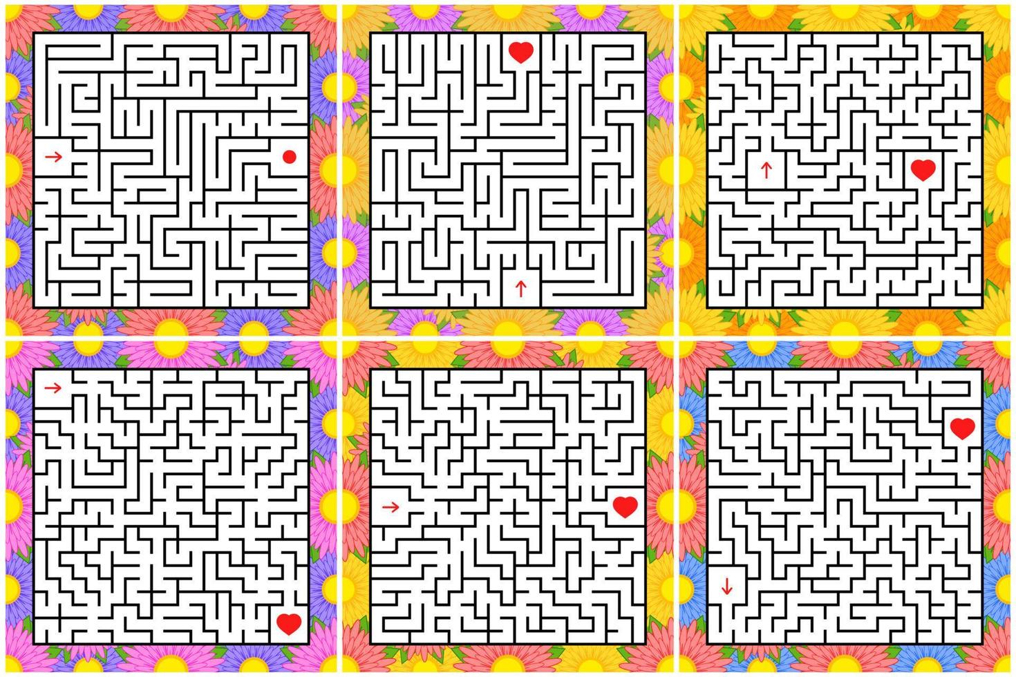 A set of square mazes. Game for kids. Puzzle for children. One entrances, one exit. Labyrinth conundrum. Flat vector illustration isolated on white background. With a bright floral frame.