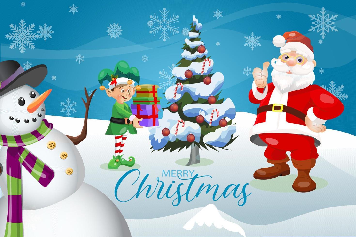 Merry Christmas winter greeting card Santa Claus with elf and snowman vector