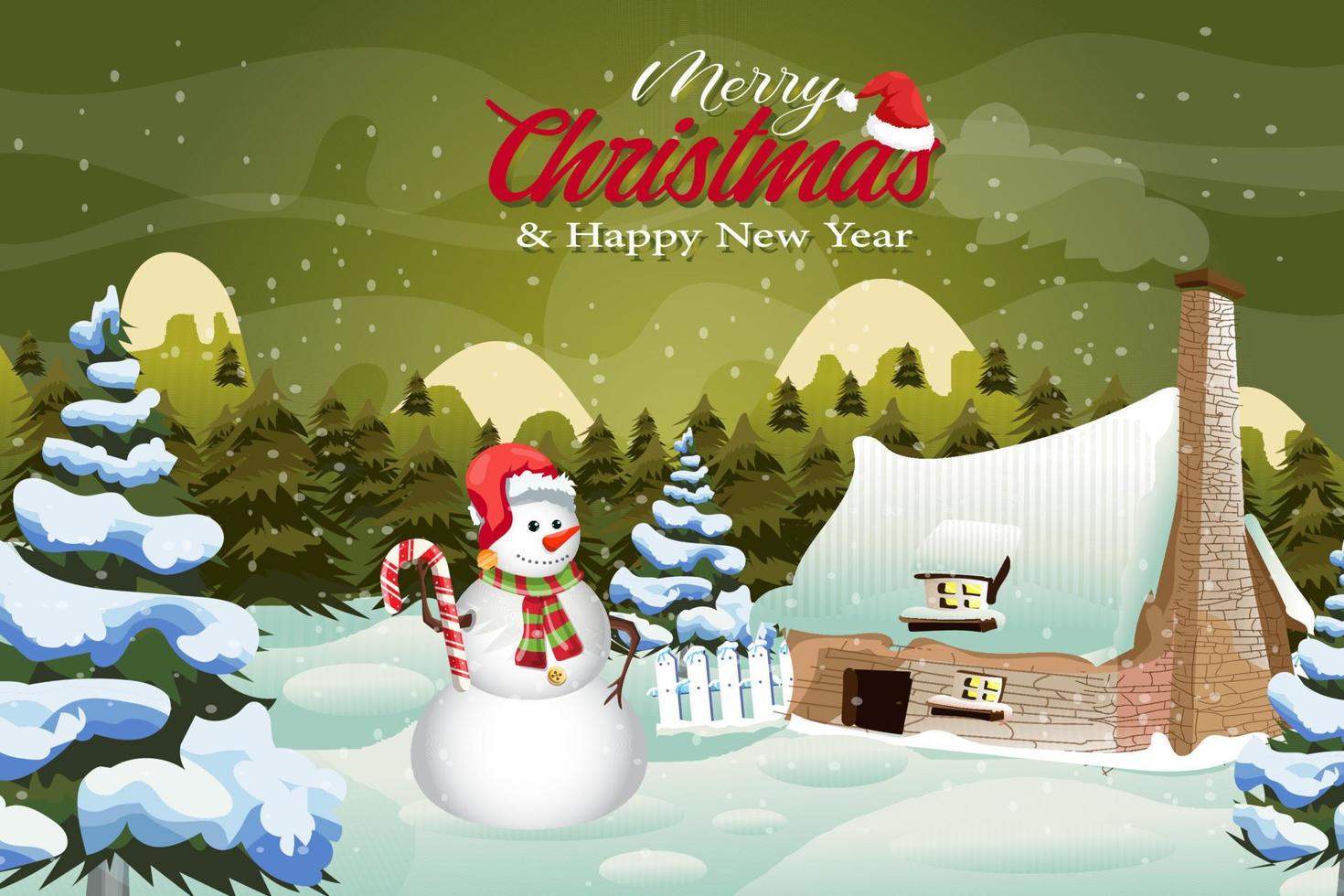 Happy new year Merry Christmas cartoon greeting card with snowman winter village vector