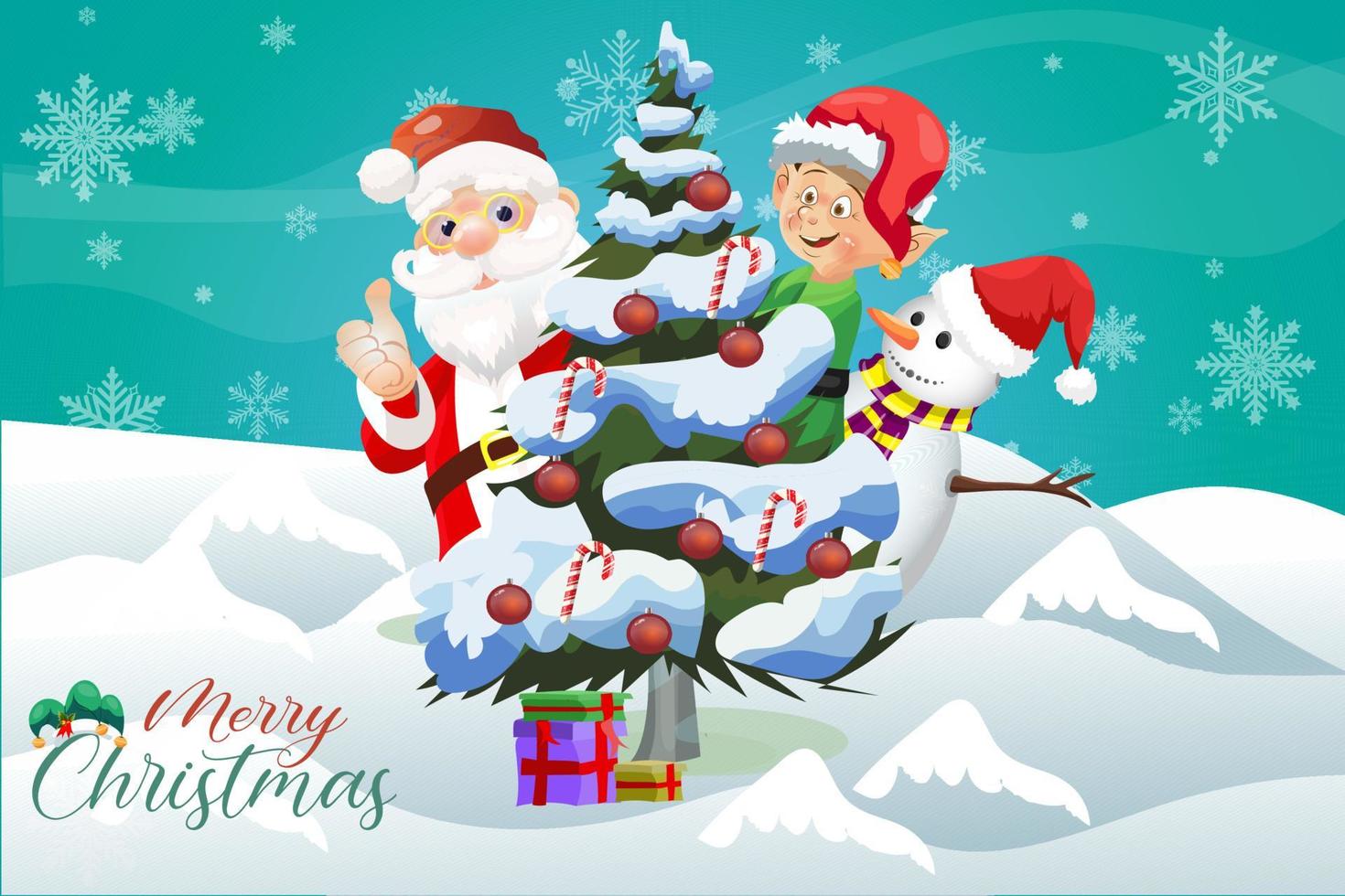 feliz navidad, invierno, tarjeta de felicitación, caricatura, santa claus, con, duende, y, muñeco de nieve vector