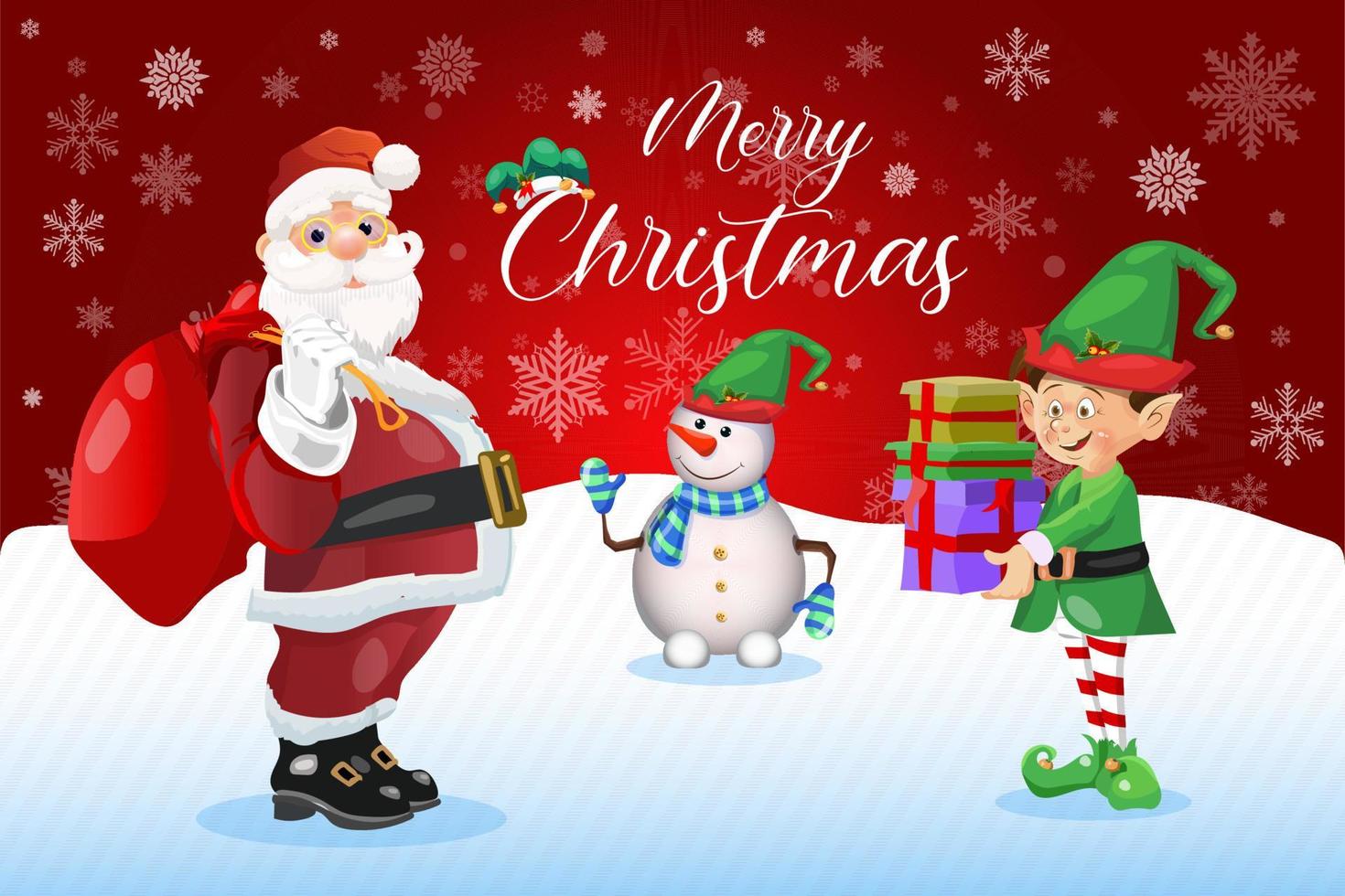 Merry Christmas cartoon greeting card with Santa Claus elf and snowman vector