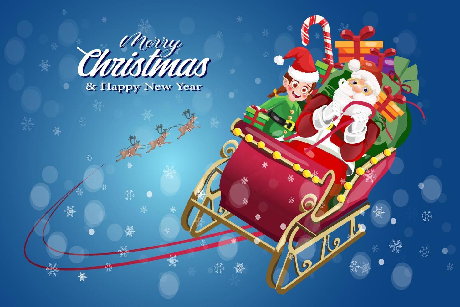 Merry Christmas and happy new year Santa sleigh flying with elf vector