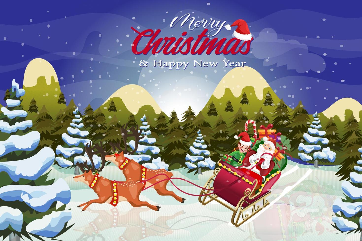 Merry Christmas Happy new year cartoon greeting card with Santa Claus winter village vector