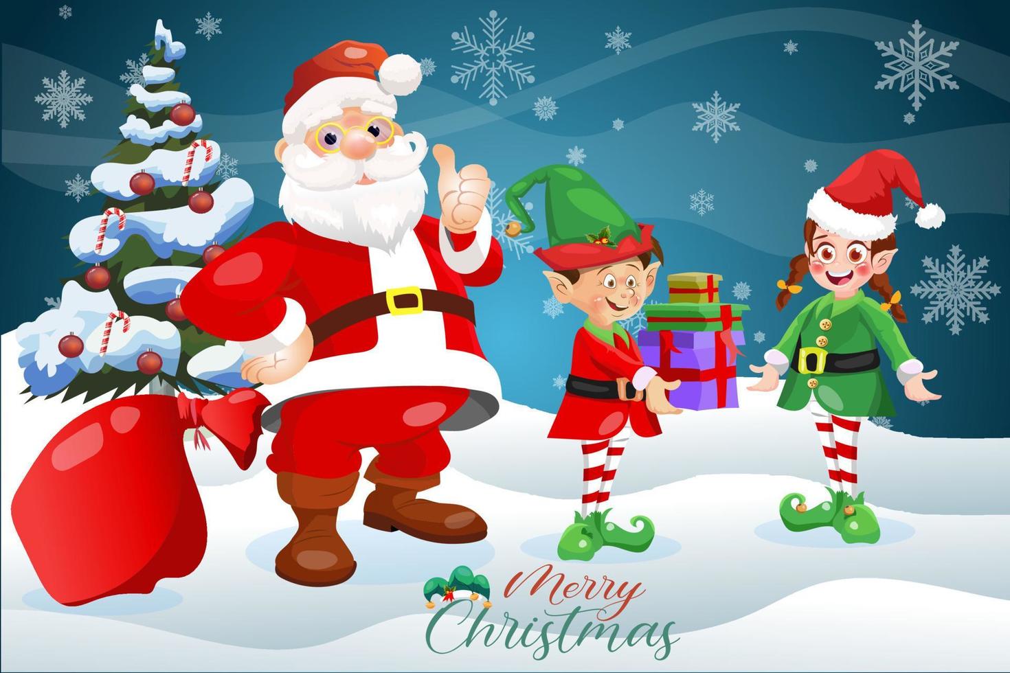 Merry Christmas winter greeting card cartoon cartoon Santa Claus with elves and snowman vector