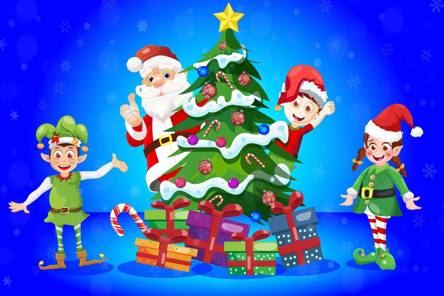tarjeta de felicitación de dibujos animados de la escena del árbol de navidad con santa claus y elfos vector