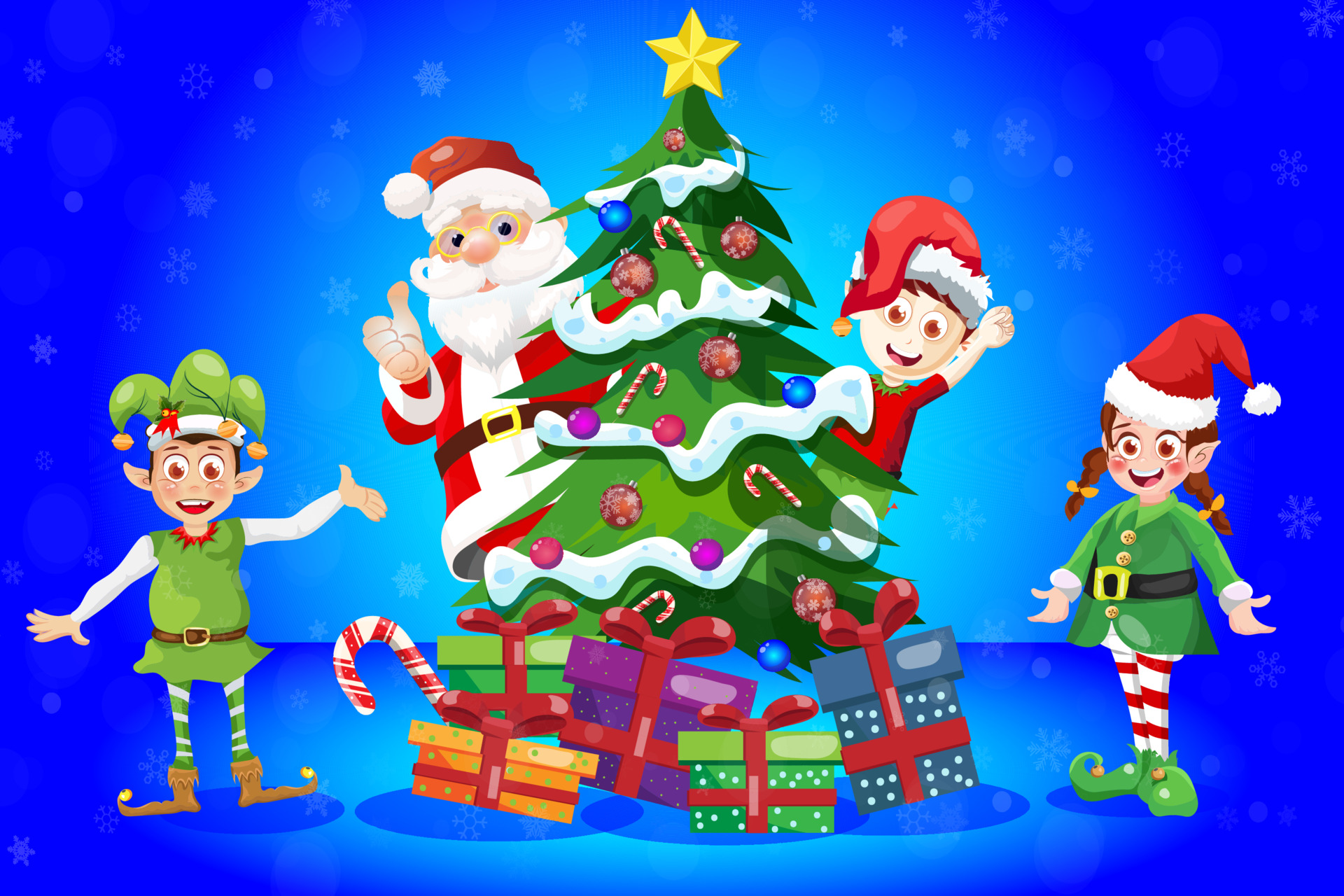 Christmas tree scene cartoon greeting card with Santa Claus and elves 3537089 Vector Art at Vecteezy Christmas tree scene cartoon greeting card with Santa Claus and elves 3537089 Vector Art at Vecteezy