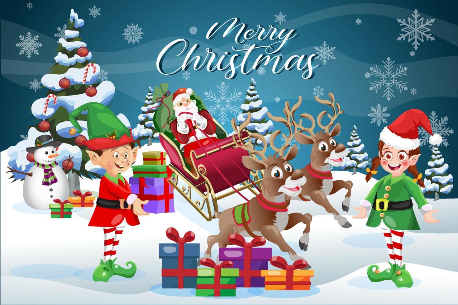 Merry Christmas scene greeting card cartoon Santa Claus with elves and snowman vector