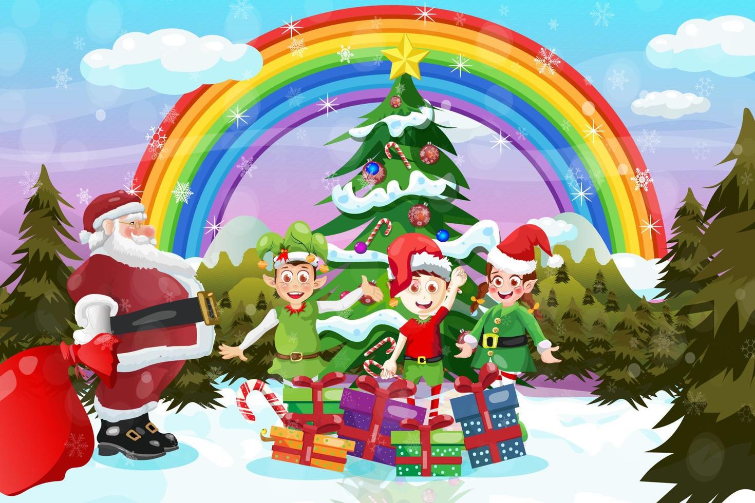 arcoiris navidad fondo dibujos animados santa claus con elfos vector