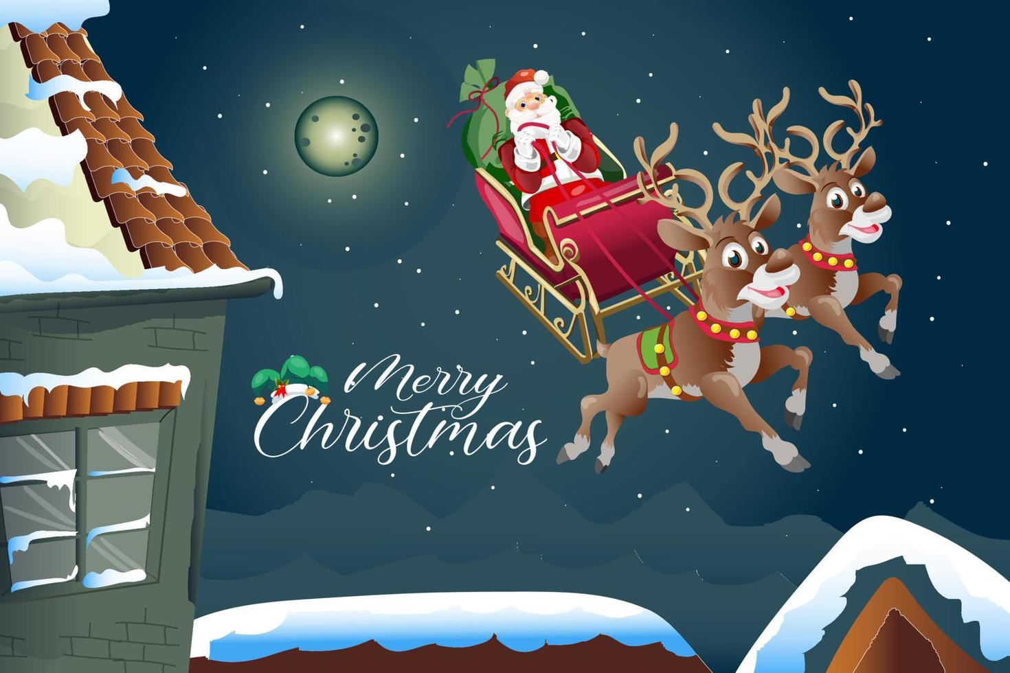 feliz navidad saludo de dibujos animados con renos voladores y santa claus vector