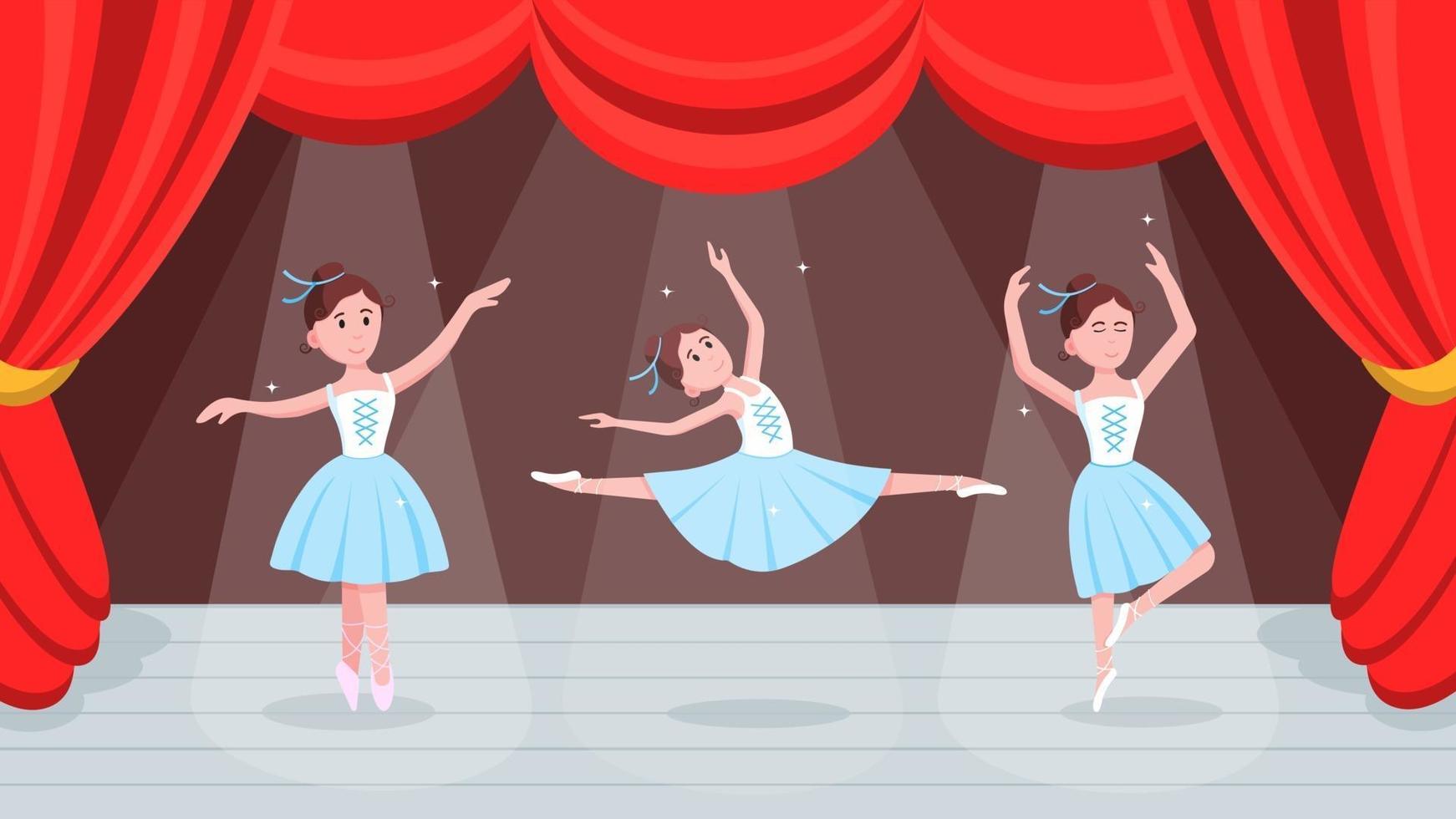 cortinas rojas abiertas, escena de baile con hermoso conjunto de bailarina. vector