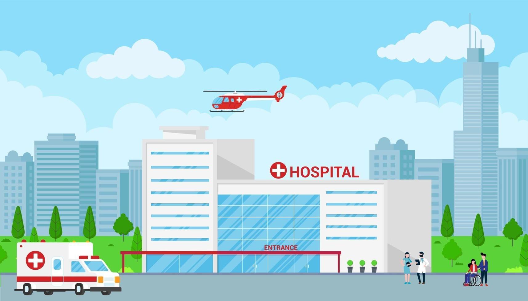 Hospital building text space, cloudy sky and trees behind. vector