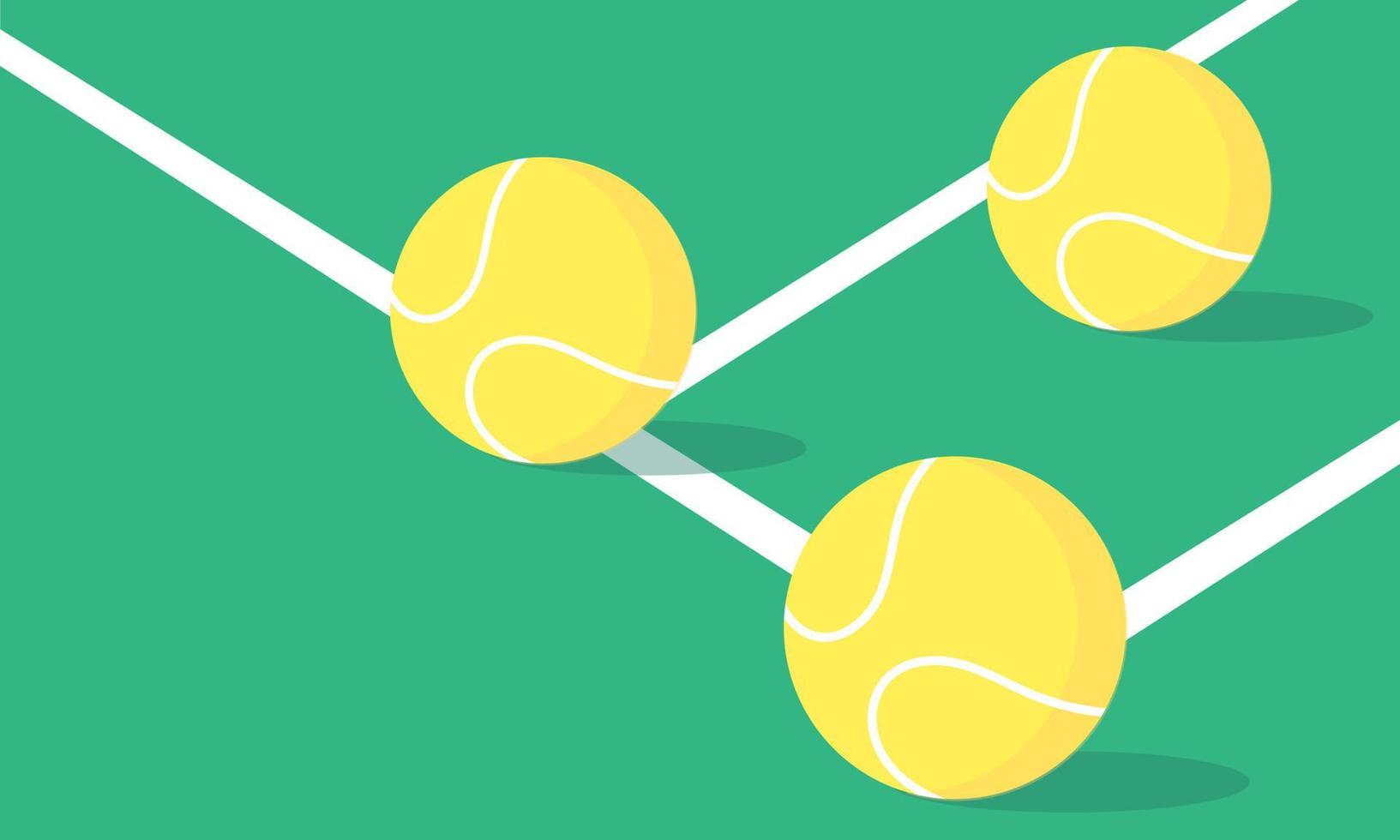 Pelotas de tenis en el césped de la cancha de tenis ilustración de vector de diseño de estilo plano aislado sobre fondo verde