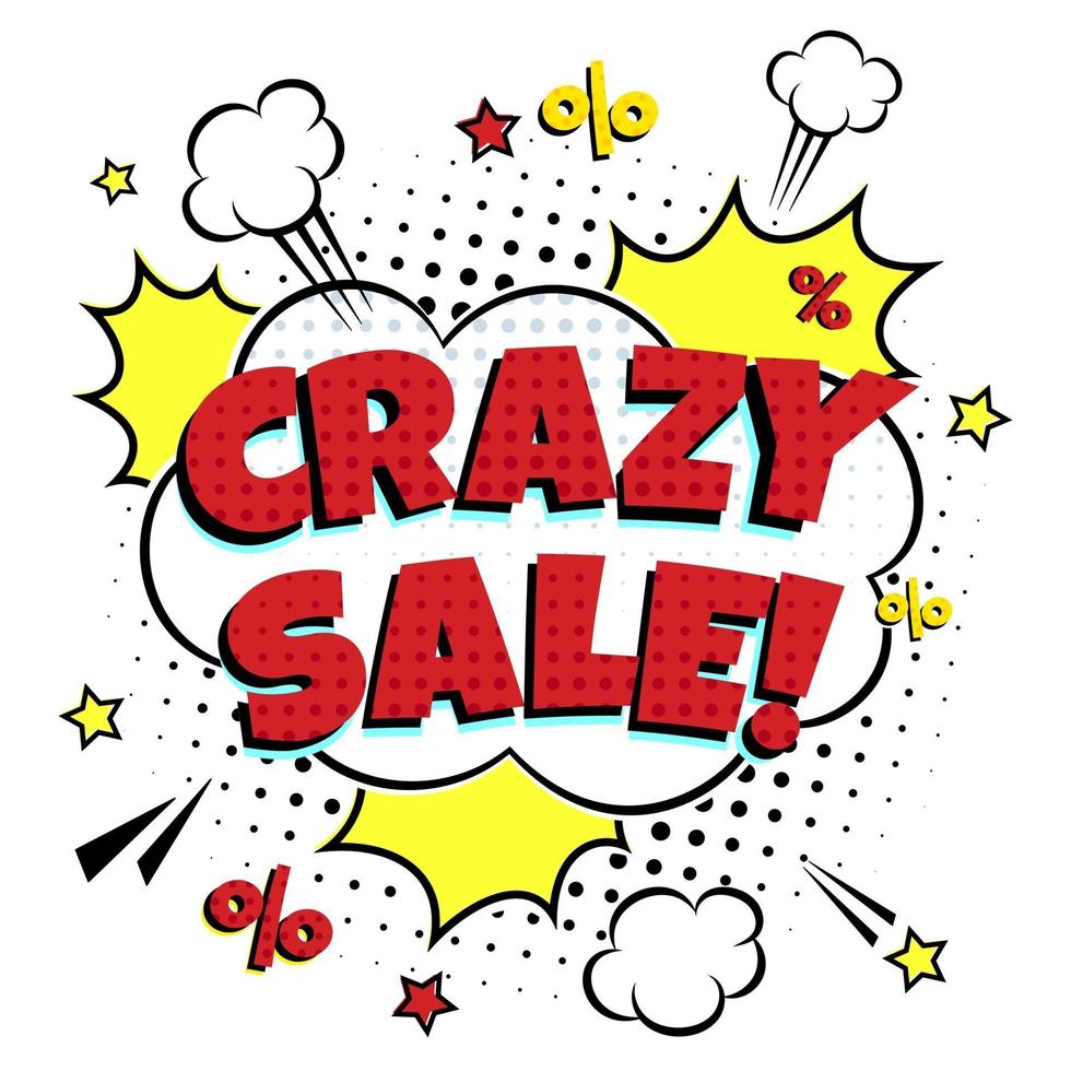 Special offer banner with comic lettering CRAZY SALE in the speech bubble comic style flat design. Dynamic retro vintage pop art illustration isolated on white background. Sticker or label for store. vector