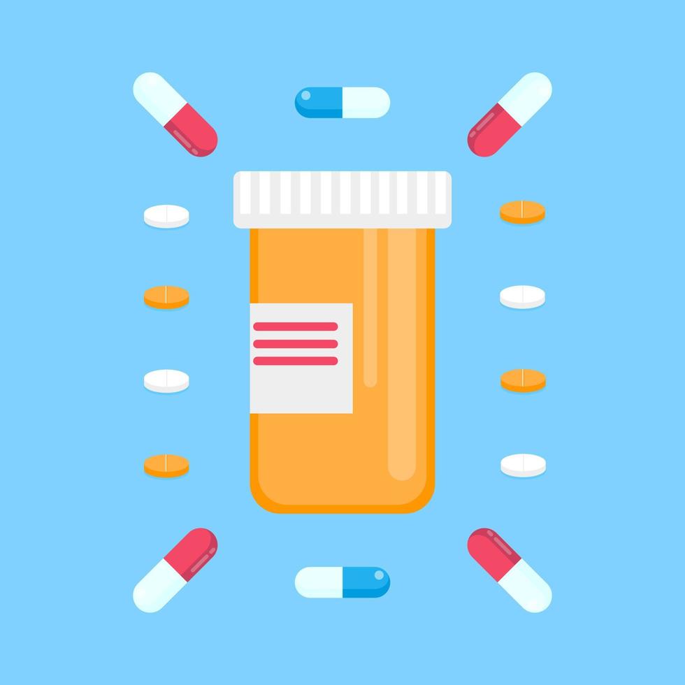 Pill bottle for capsules arounded pills flat style design vector illustration. Medical container jar for tablet and medicine isolated on light blue background