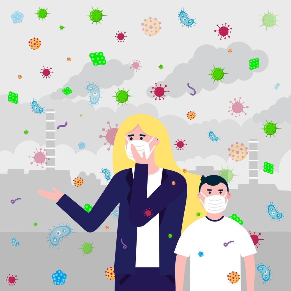 The woman and boy in masks, bacterias and viruses fly because infection transmitted by air. Mask as protection against bacterias and viruses concept flat style vector illustration with factory behind.