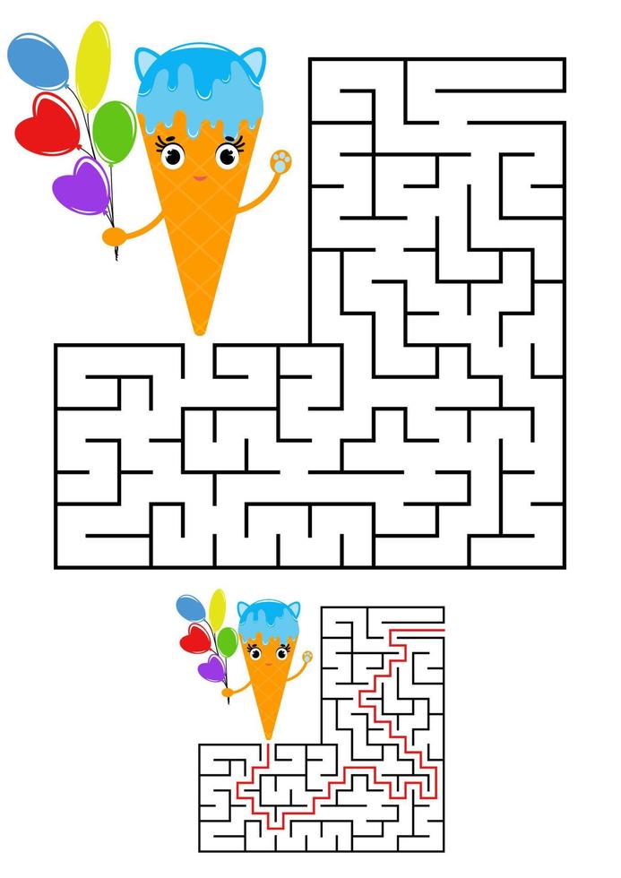 Abstract square maze. Kids worksheets. Game puzzle for children. Cute ice cream on a white background. One entrances, one exit. Labyrinth conundrum. Vector illustration. With the answer.