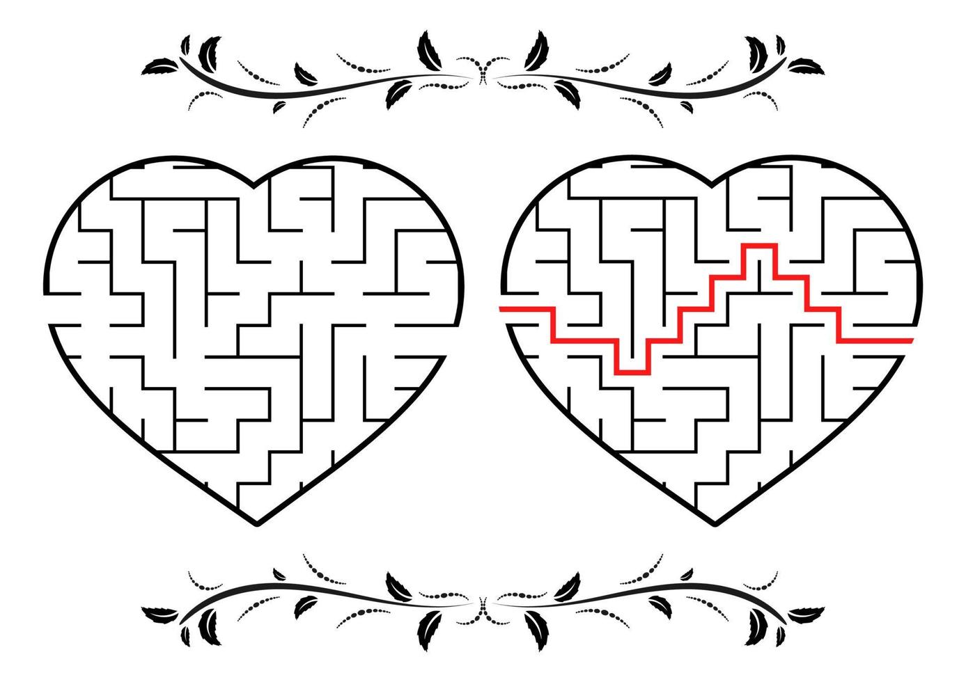 Maze in the shape of a heart. Game for kids. Puzzle for children. Labyrinth conundrum. Flat vector illustration isolated on white background. With answer. Vintage style