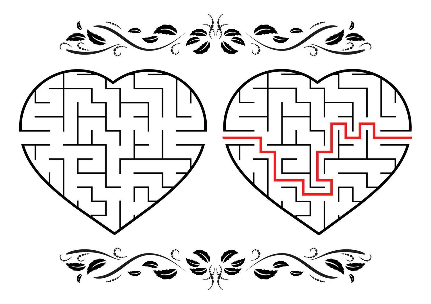 Maze in the shape of a heart. Game for kids. Puzzle for children. Labyrinth conundrum. Flat vector illustration isolated on white background. With answer. Vintage style