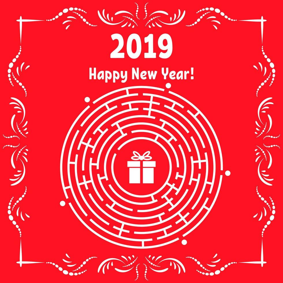 New Year greeting card with a round labyrinth. Find the right path to the gift. Game for kids. Puzzle for children. Labyrinth conundrum. Vector illustration. With frame in vintage style.