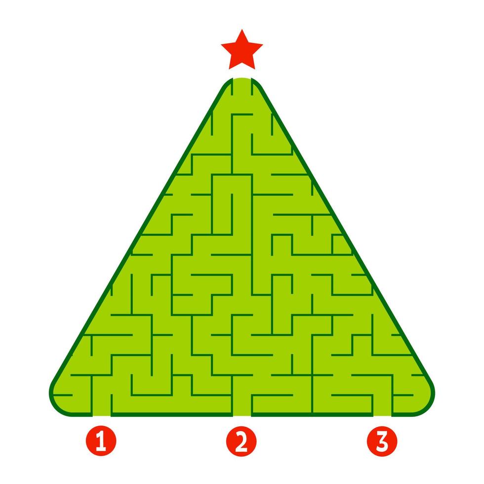 laberinto triangular abstracto. juego para niños. rompecabezas para niños. encuentra el camino correcto hacia la estrella. enigma del laberinto. Ilustración de vector plano aislado sobre fondo blanco. árbol de Navidad.