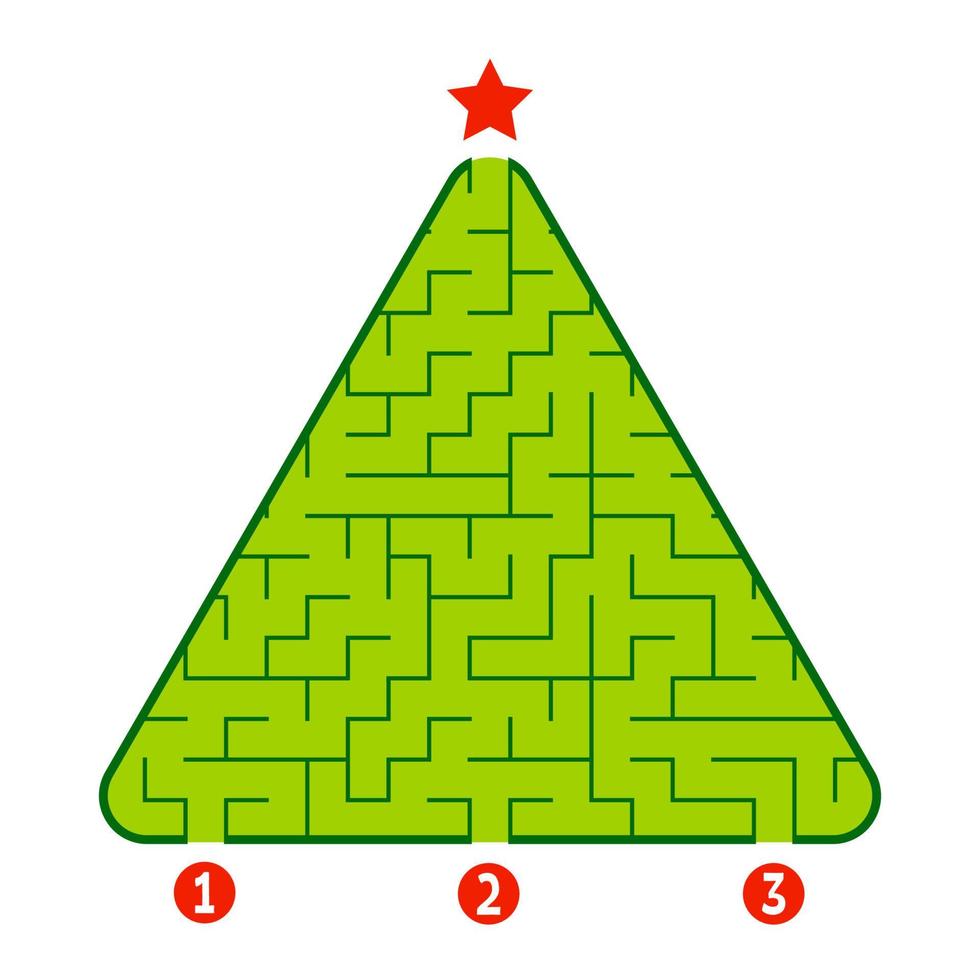 Abstract triangular labyrinth. Game for kids. Puzzle for children. Find the right path to the star. Labyrinth conundrum. Flat vector illustration isolated on white background. Christmas tree.
