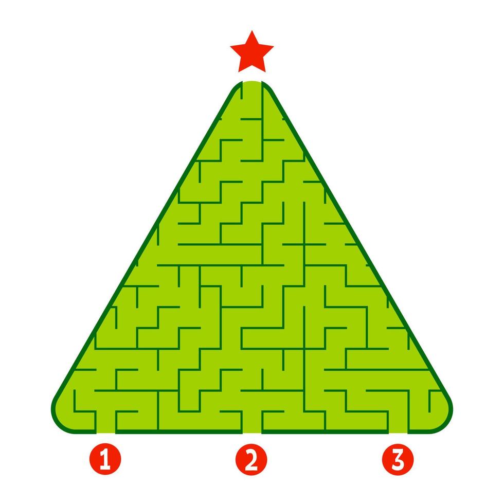 laberinto triangular abstracto. juego para niños. rompecabezas para niños. encuentra el camino correcto hacia la estrella. enigma del laberinto. Ilustración de vector plano aislado sobre fondo blanco. árbol de Navidad.