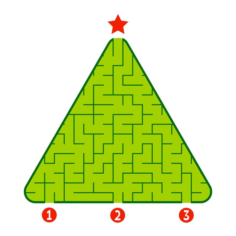 laberinto triangular abstracto. juego para niños. rompecabezas para niños. encuentra el camino correcto hacia la estrella. enigma del laberinto. Ilustración de vector plano aislado sobre fondo blanco. árbol de Navidad.