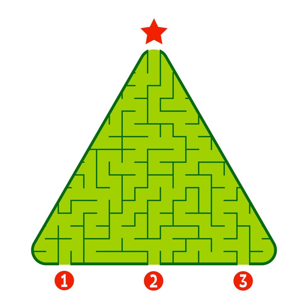 Abstract triangular labyrinth. Game for kids. Puzzle for children. Find the right path to the star. Labyrinth conundrum. Flat vector illustration isolated on white background. Christmas tree.