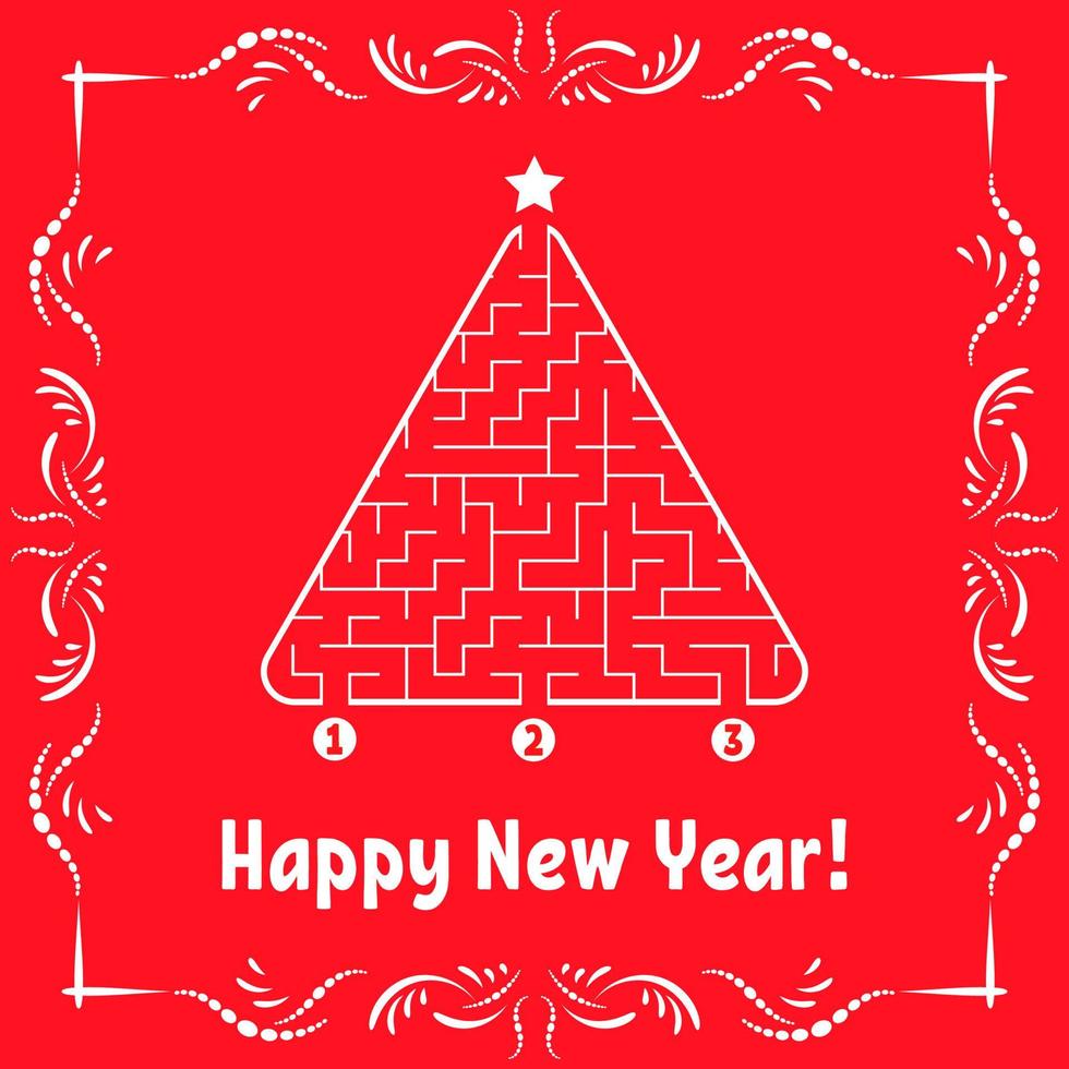 tarjeta de felicitación de año nuevo con un laberinto triangular. encuentra el camino correcto hacia la estrella. juego para niños. árbol de Navidad. enigma del laberinto. ilustración vectorial. con marco en estilo vintage. vector