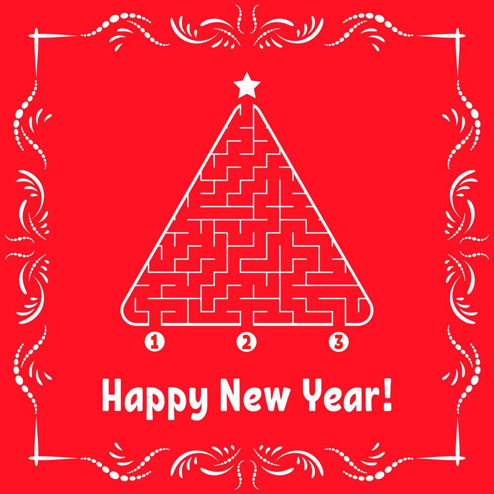 New Year greeting card with a triangular labyrinth. Find the right path to the star. Game for kids. Christmas tree. Maze conundrum. Vector illustration. With frame in vintage style.