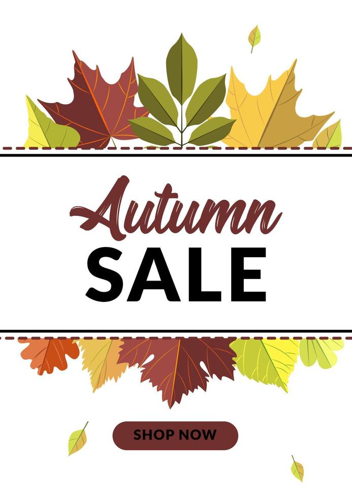 Autumn vertical sale design with colorful leaves. Place for text. Vector illustration