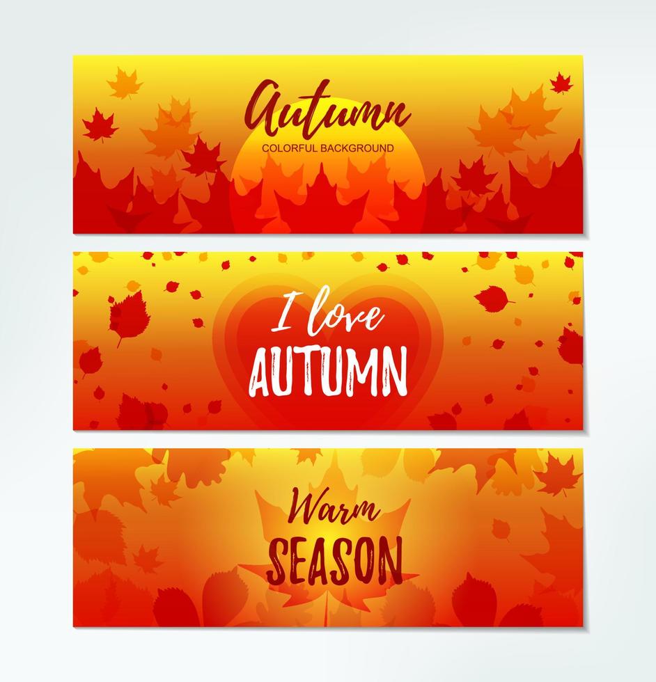 Set of Autumn horizontal banners with colorful maple leaves. Place for text. Vector illustration