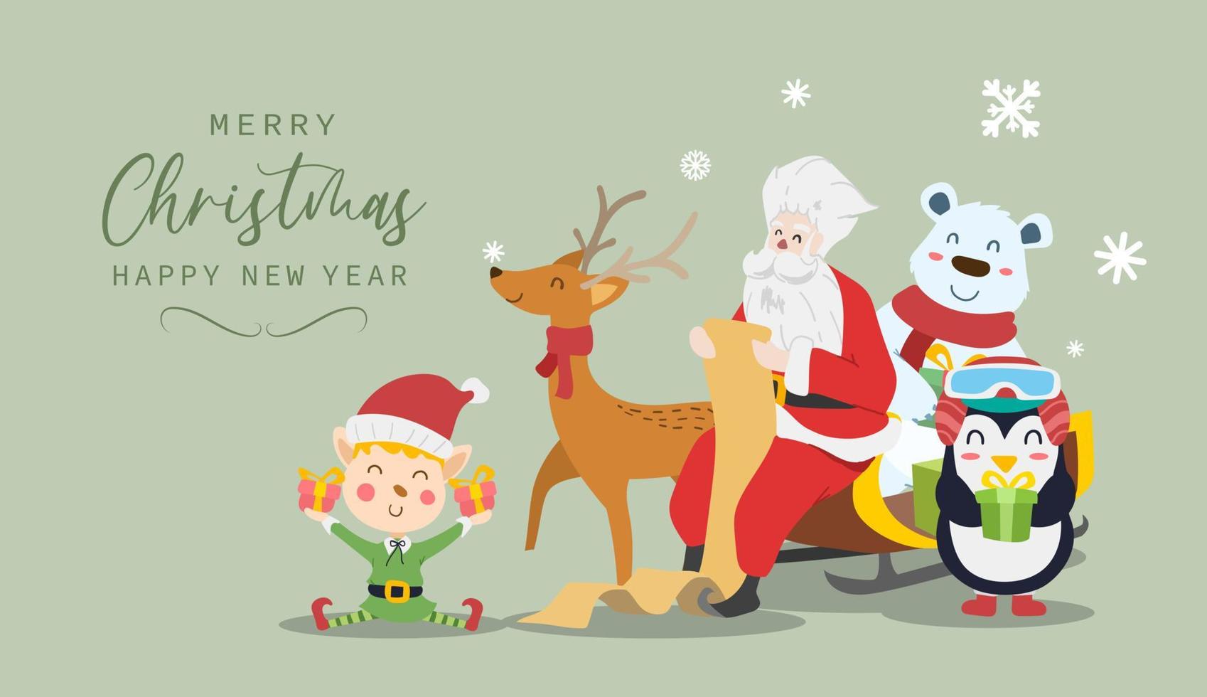 Merry christmas and happy new year greeting card. Cute cartoon characters design of Santa Claus, Penguin, Reindeer, Polar bear and Elf boy costume. Vector illustration