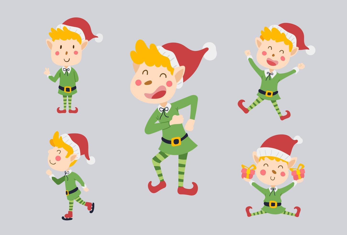 Set of Cute Elf characters design. Funny and Happy cartoon kid elves with gift, skate, and decorative elements vector illustration