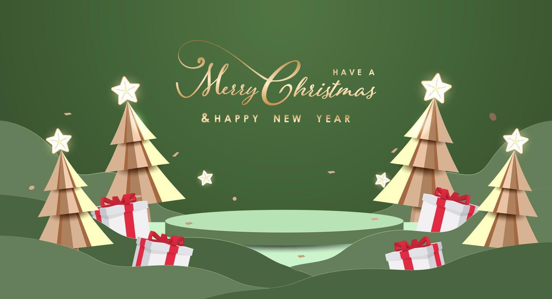 Merry Christmas and Happy New Year banner. Minimal mock up scene with studio podium to show product display. 3D vector tree xmas,  gift boxes and party elements